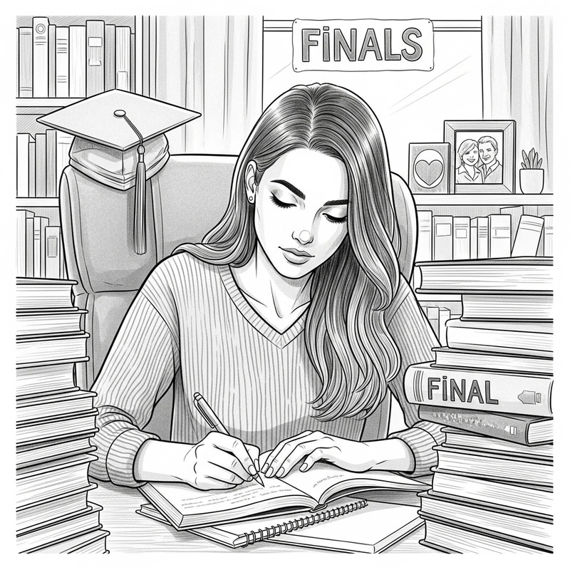 Motivated Girl Working Towards College Graduation - Monochrome Sketch Motivated Girl Working Towards College Graduation - Monochrome Sketch