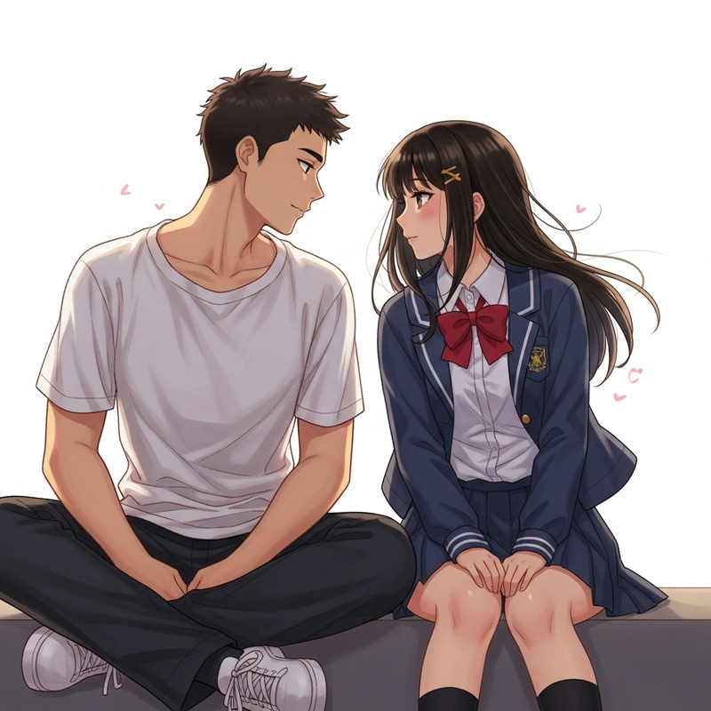 Anime Couple Sitting in School Dress with Romantic Vibe Anime Couple Sitting in School Dress with Romantic Vibe