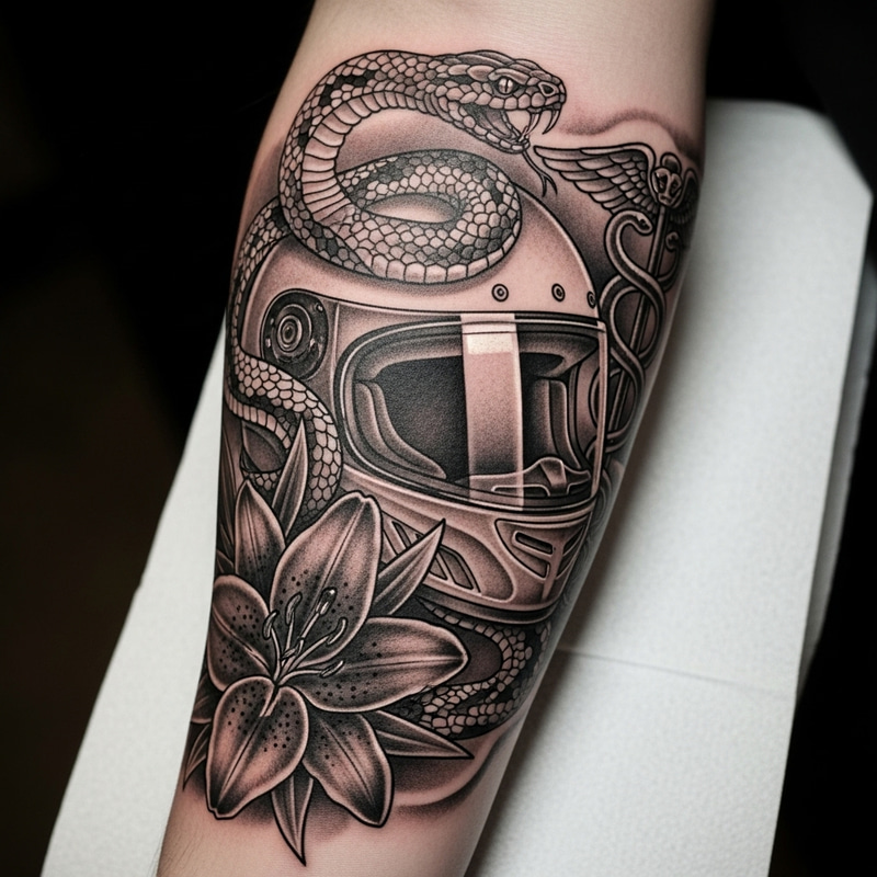 Unique Tattoo: Motorcycle Helmet & Snake Design