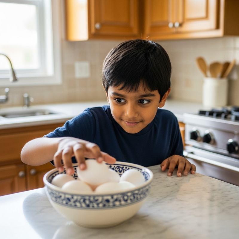 Playful Boy Sneaking Eggs from Bowl in Kitchen Playful Boy Sneaking Eggs from Bowl in Kitchen