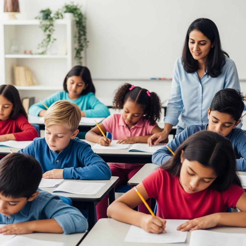 Focused Children Writing Test in Quiet Classroom Focused Children Writing Test in Quiet Classroom