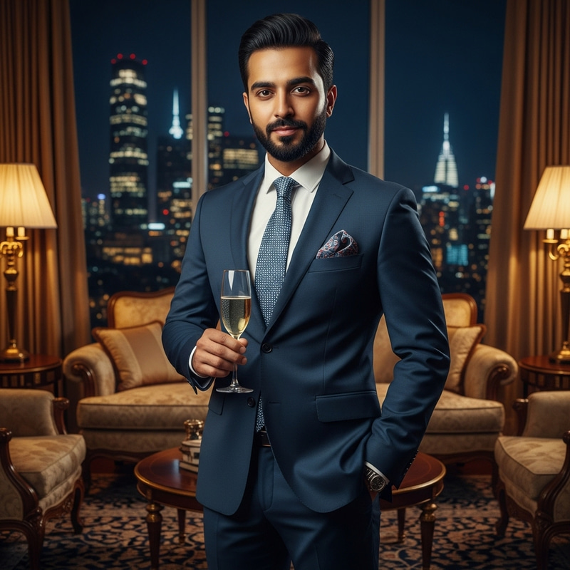 Wealthy South Asian Entrepreneur in Bespoke Attire Celebrating Wealthy South Asian Entrepreneur in Bespoke Attire Celebrating