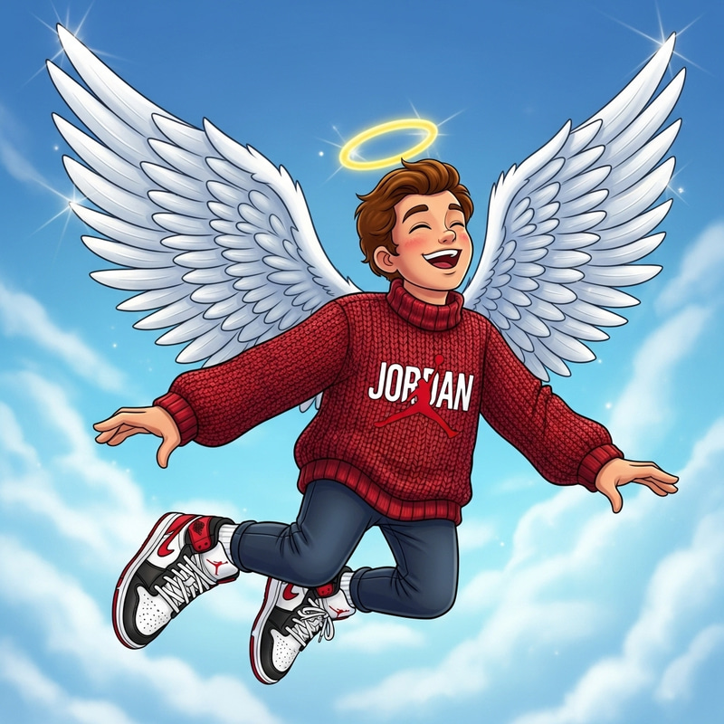 Cheerful Angel in Jordan Sneakers and Cartoon Style Sweater Cheerful Angel in Jordan Sneakers and Cartoon Style Sweater