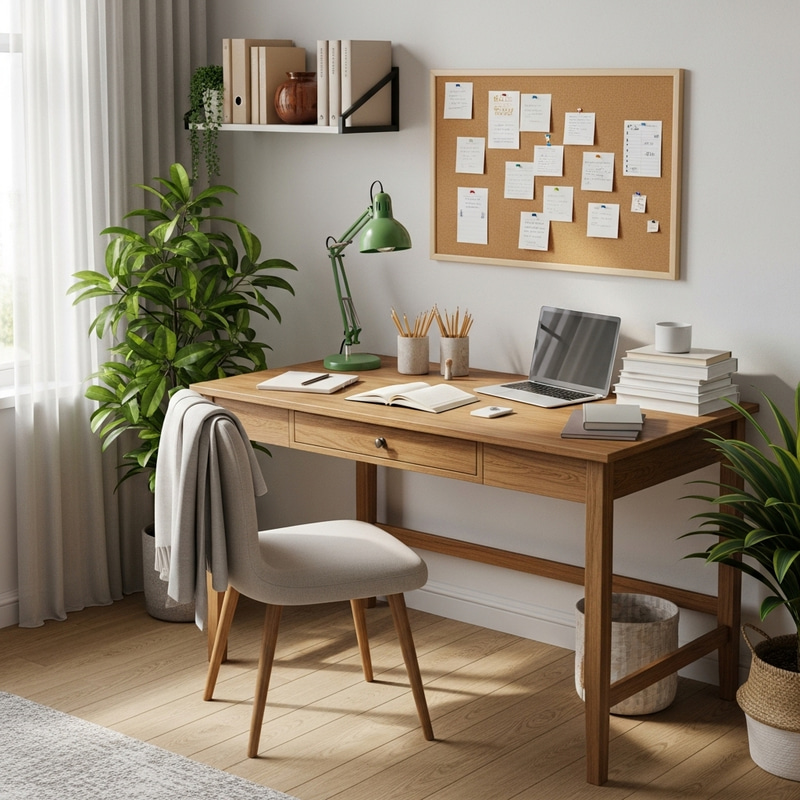 Cozy Wooden Studying Desk Setup with Laptop and Books