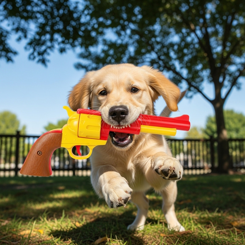 Adorable Puppy Plays with Vintage Pistol Toy Adorable Puppy Plays with Vintage Pistol Toy