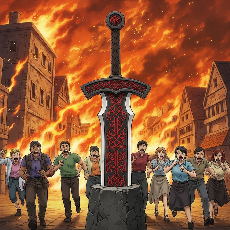 Chaos and Flame: Black Broadsword in Stone with Red Runic Engravings Chaos and Flame: Black Broadsword in Stone with Red Runic Engravings