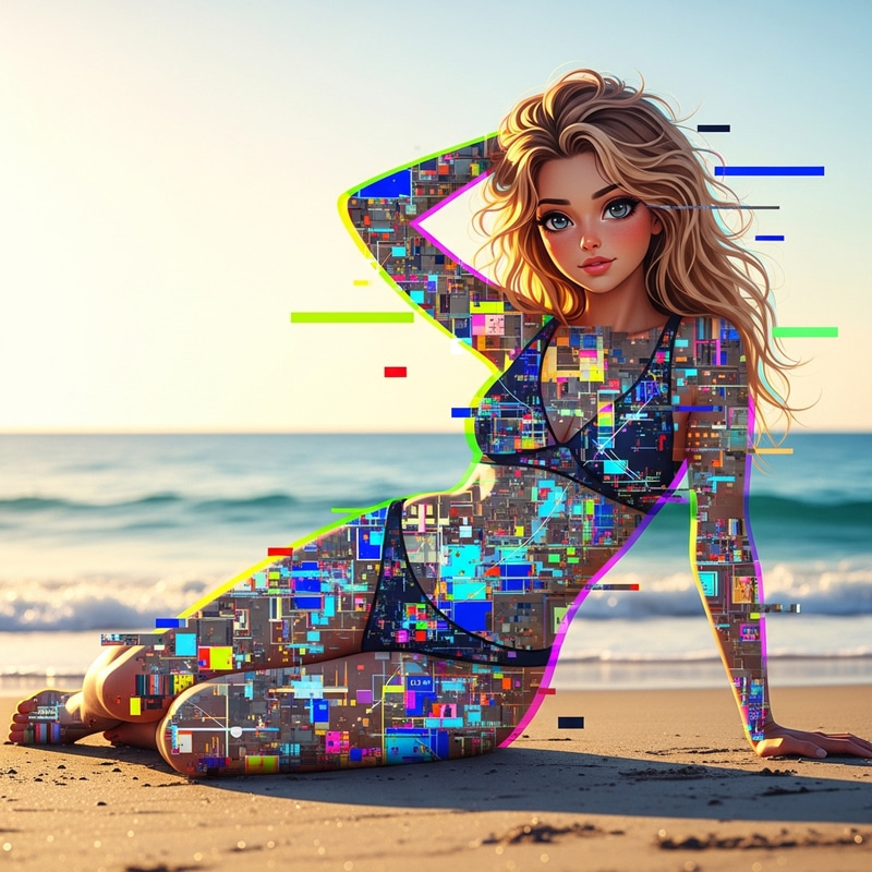 Blond Haired Woman Seaside Glitch Art Aesthetic
