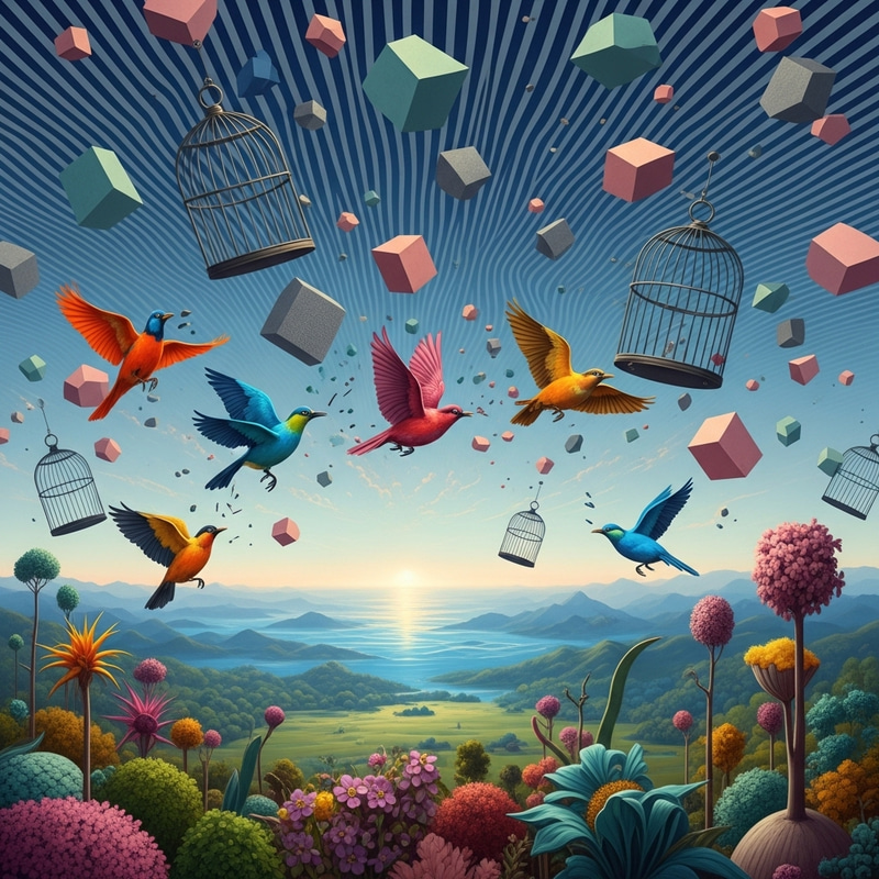 Surrealism & Freedom Exploration with Colorful Birds & Landscapes