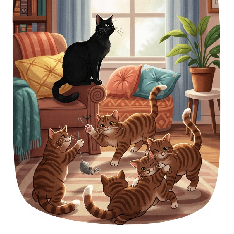 Adorable Black Cat Joins Four Striped Brown Cats