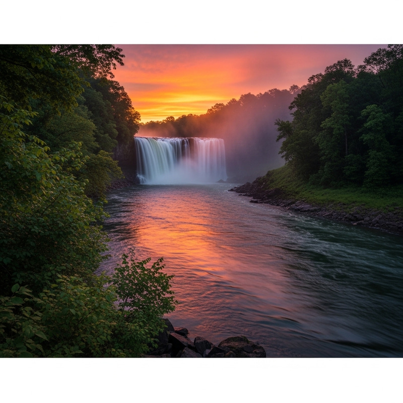 Tranquil Twilight Waterfall Scene with Vibrant Sunset Reflections Tranquil Twilight Waterfall Scene with Vibrant Sunset Reflections