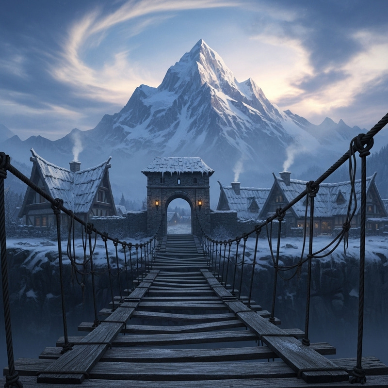 Scenic Breakdown: Mountain Bridge with Snowy Houses Scenic Breakdown: Mountain Bridge with Snowy Houses