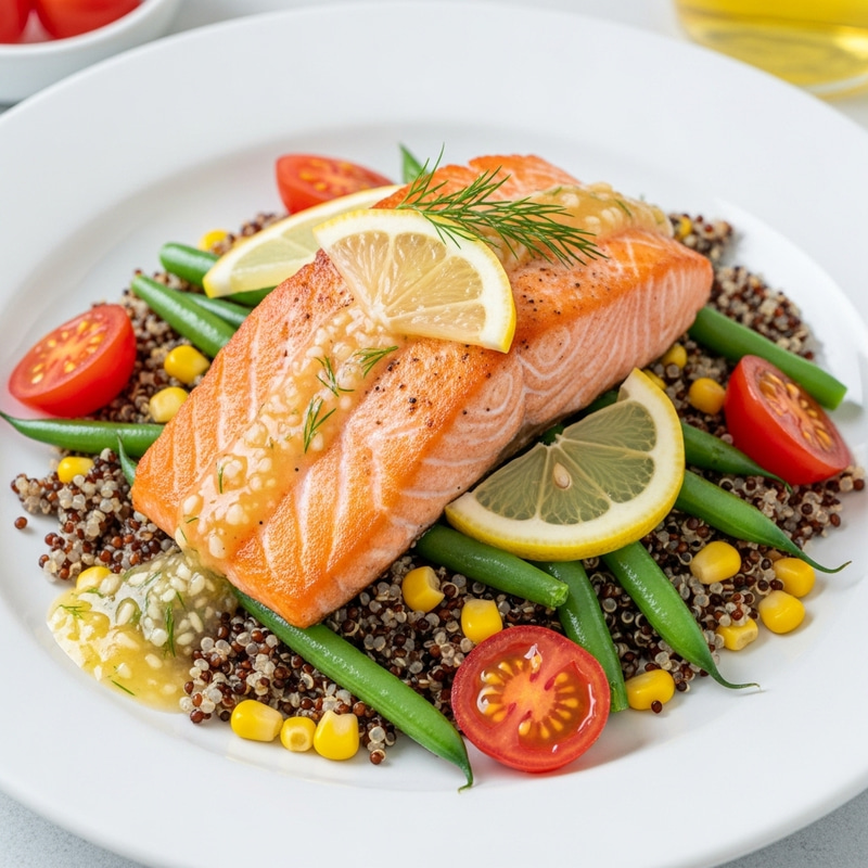 Healthy Salmon Meal with Quinoa and Fresh Vegetables Healthy Salmon Meal with Quinoa and Fresh Vegetables