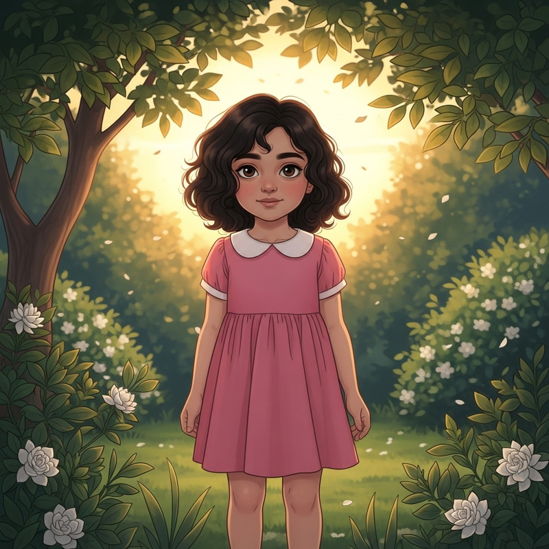 Middle-Eastern Girl at Serene Garden Sunset