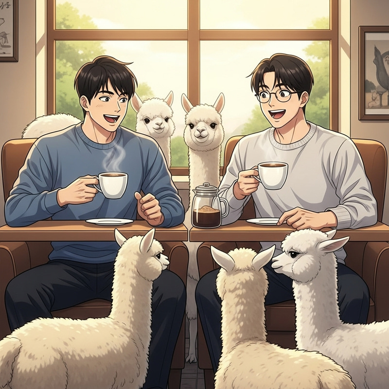 Korean Men Drinking Coffee with Alpacas in Anime Style