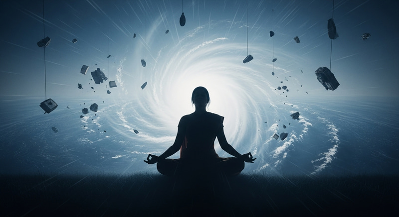 Finding Serenity: Woman in Meditative Pose Within Tornado Chaos Finding Serenity: Woman in Meditative Pose Within Tornado Chaos