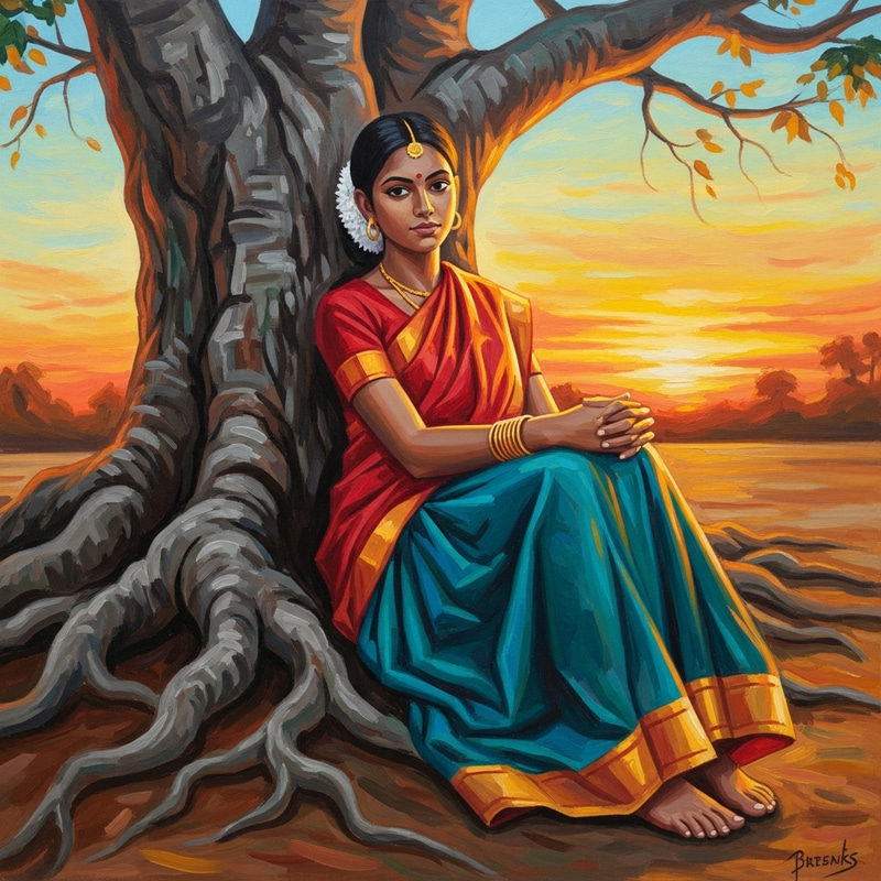 South Asian Girl in Traditional Attire By Tree - Abstract Art South Asian Girl in Traditional Attire By Tree - Abstract Art