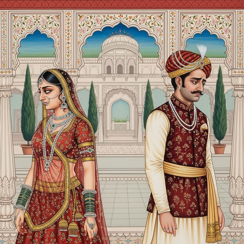 Indian Couple's Arranged Marriage Crisis in Vibrant Rajasthani Painting