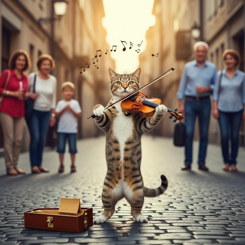 Cute Cat Dancing and Playing Violin on Street Cute Cat Dancing and Playing Violin on Street