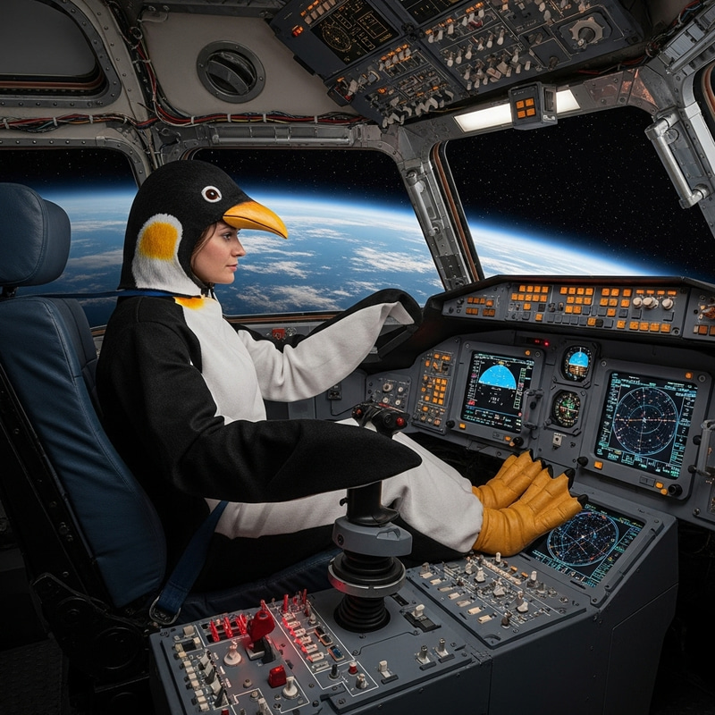 Penguin Costume Woman Powers a Rocket Penguin Costume Woman Powers a Rocket