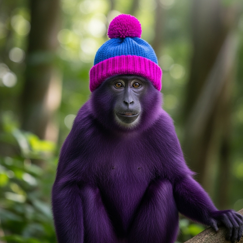 Purple Monkey with Bobble Hat in Lush Forest Purple Monkey with Bobble Hat in Lush Forest