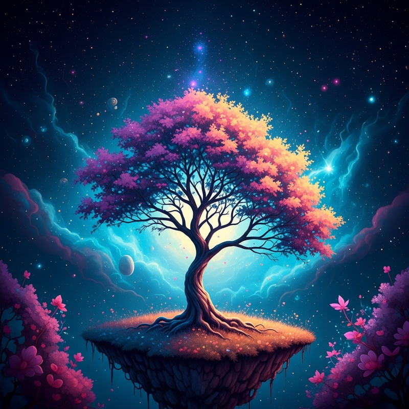 Vibrant Cosmic Tree: Dreamlike Universe in Neon Colors