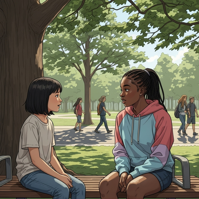 Girls Engaged in Conversation on Bench Girls Engaged in Conversation on Bench