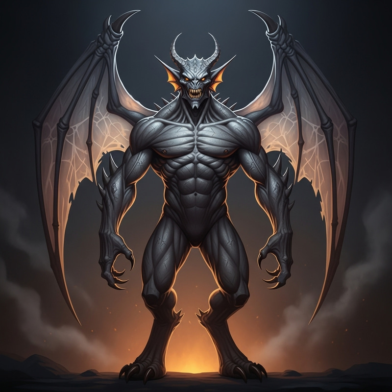 Muscular Grey Skin Demon with Bat Wings