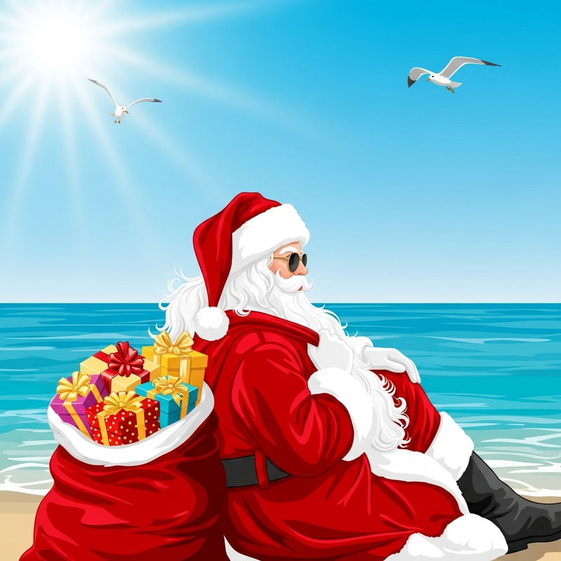 Stylish Santa Claus Relaxing at Sea with Gifts Stylish Santa Claus Relaxing at Sea with Gifts