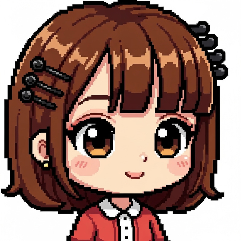 Cute Chibi-Style Pixel Art Girl with Brown Hair & Black Hair Pins Cute Chibi-Style Pixel Art Girl with Brown Hair & Black Hair Pins