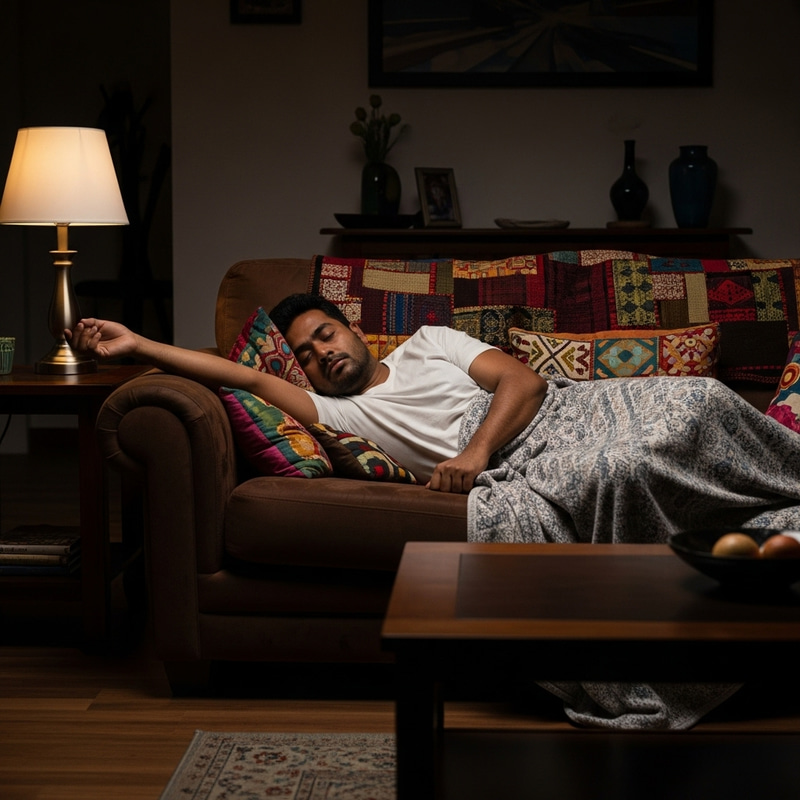 Tranquil Scene: South Asian Male in Deep Sleep on Cozy Couch Tranquil Scene: South Asian Male in Deep Sleep on Cozy Couch
