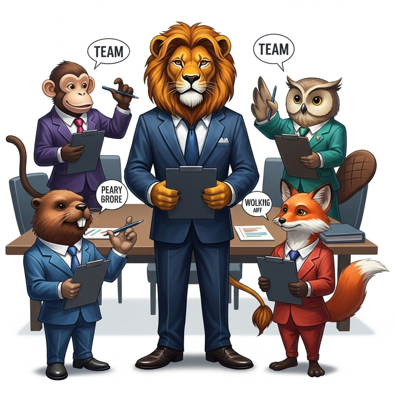 Lively Animal Team Meeting led by Charismatic Lion Boss