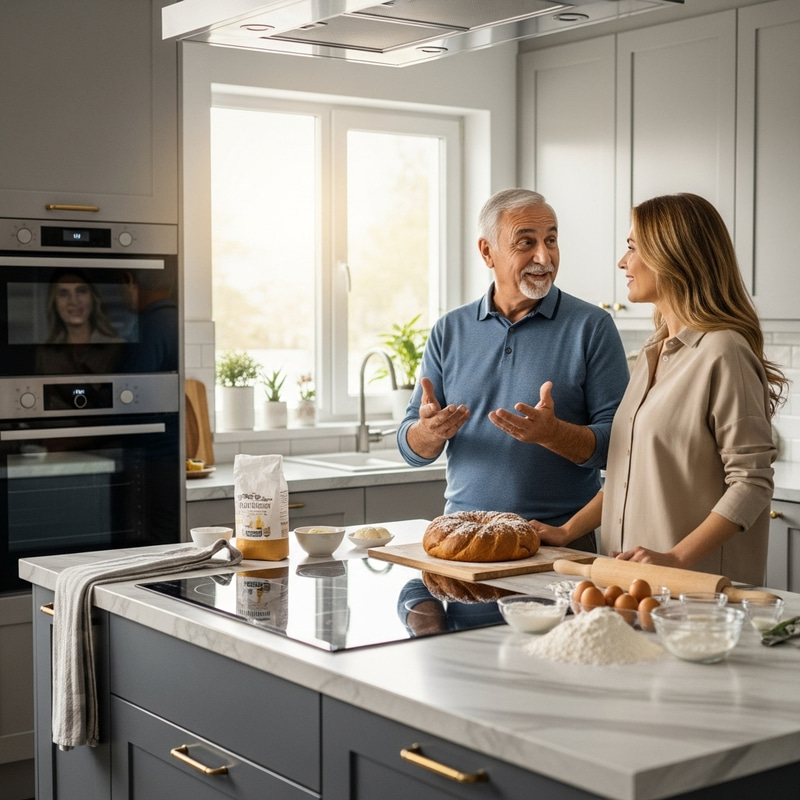 Modern Hispanic Grandfather Persuades Caucasian Grandmother to Bake Kolobok in Contemporary Kitchen