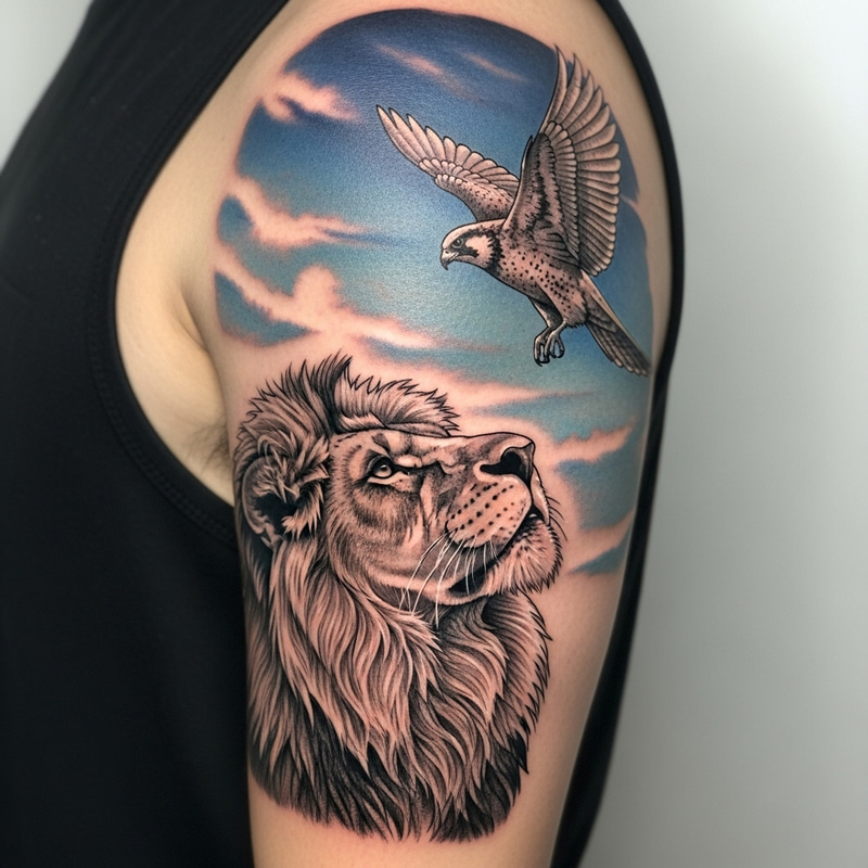 Bird Tattoo Leads Lion in Sky Bird Tattoo Leads Lion in Sky