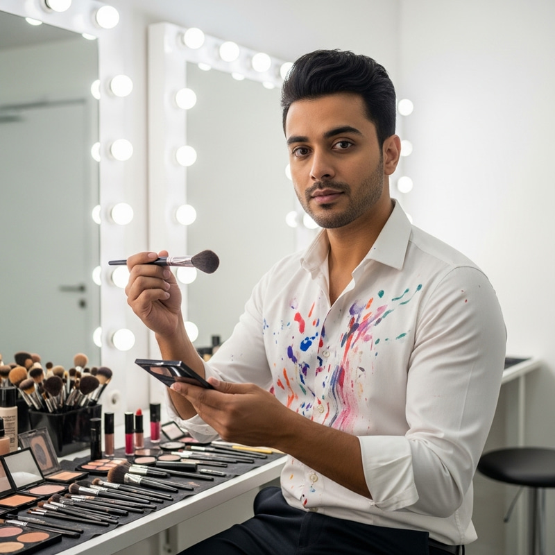 Exhausted South Asian Makeup Artist in Modern Studio