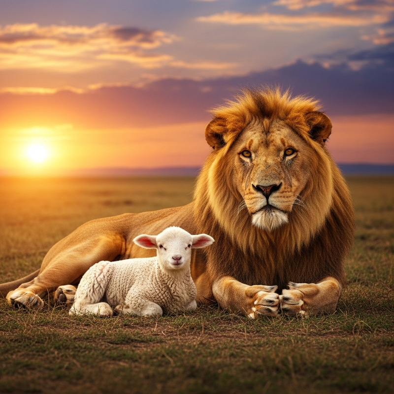 Lion and Lamb: Heartwarming Scene on Savanna Lion and Lamb: Heartwarming Scene on Savanna