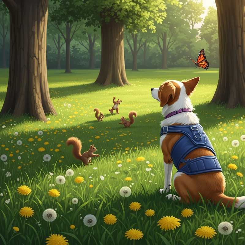 Tranquil Scene of a Dog Watching Squirrels in Sunlit Park Tranquil Scene of a Dog Watching Squirrels in Sunlit Park