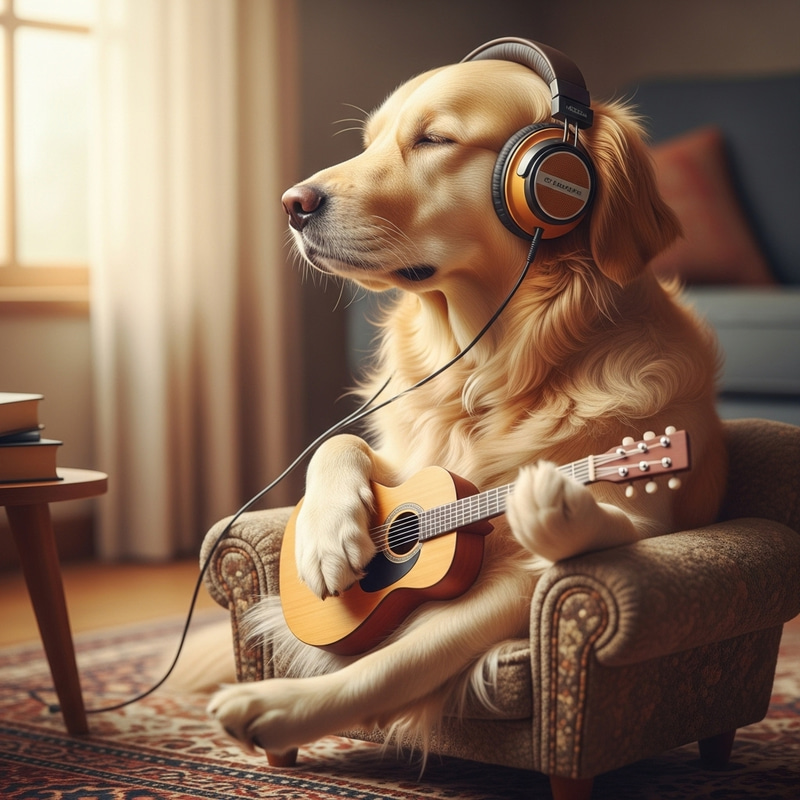 Cute Dog Playing Guitar and Listening to Music