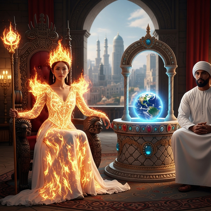 Breathtaking Asian Woman in Fiery White Dress | Divine Throne of Radiance