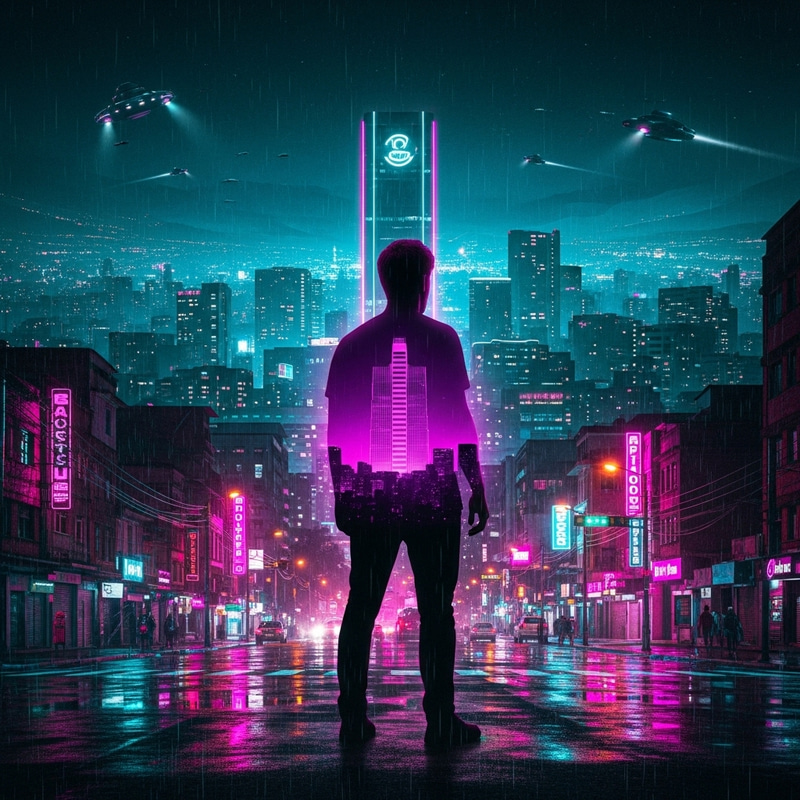 Synthwave Journey: Man's Reflection in Neon-Lit Medellín