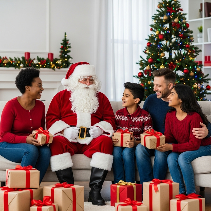 Celebrating Christmas: Santa Claus Joyful Moments with Family in Festively Decorated Living Room Celebrating Christmas: Santa Claus Joyful Moments with Family in Festively Decorated Living Room
