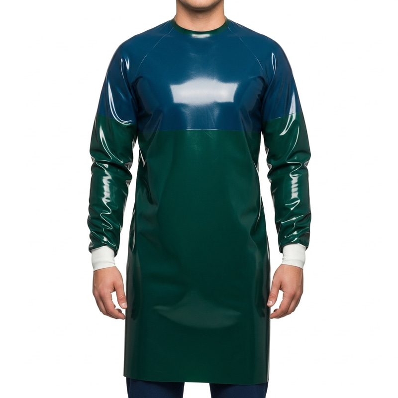 Glossy Dark Blue and Green Latex Surgical Gown with Unique Shine Glossy Dark Blue and Green Latex Surgical Gown with Unique Shine