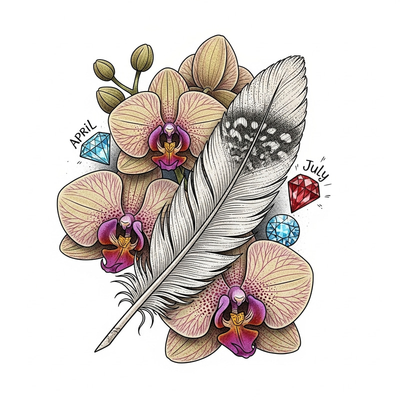 Feather Birthstone Orchids Tattoo Design