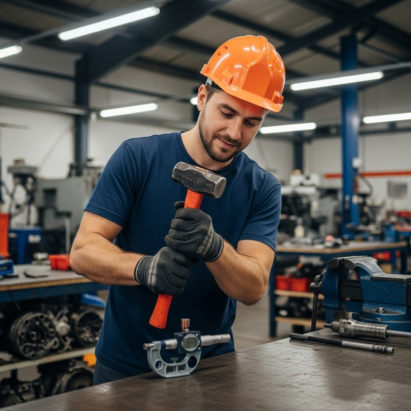 Mechanic in Orange Helmet Using Micrometer and Sledgehammer Mechanic in Orange Helmet Using Micrometer and Sledgehammer