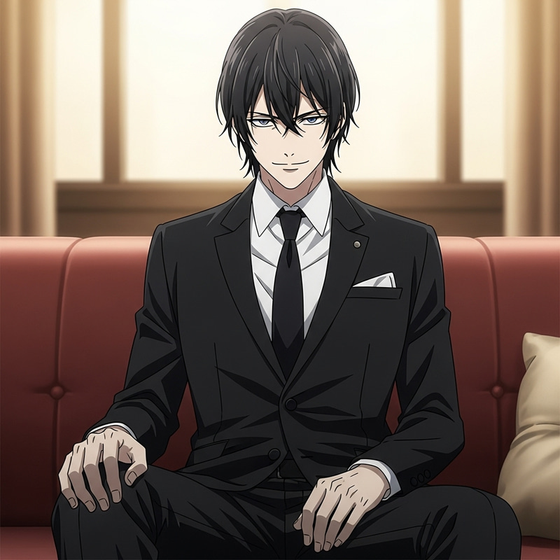 Damon Salvatore in Black Suit Sitting on Couch