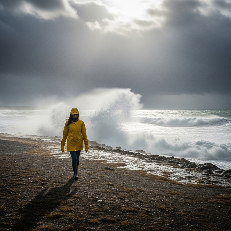Alone Woman Walking by Turbulent Sea on Stormy Day