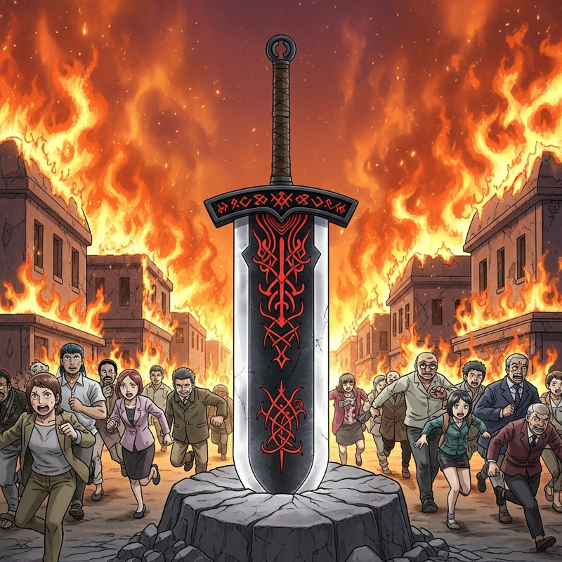 Imposing Black Broadsword in Stone with Red Runes & Flaming Buildings Imposing Black Broadsword in Stone with Red Runes & Flaming Buildings