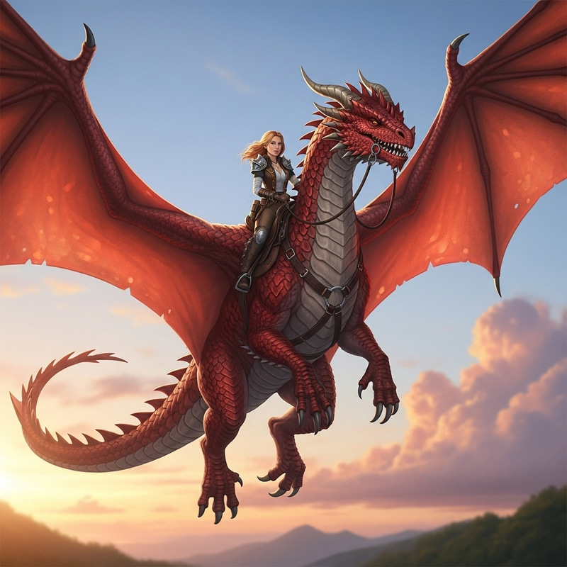 Red Dragon and Female Owner Riding in Majestic Harmony Red Dragon and Female Owner Riding in Majestic Harmony