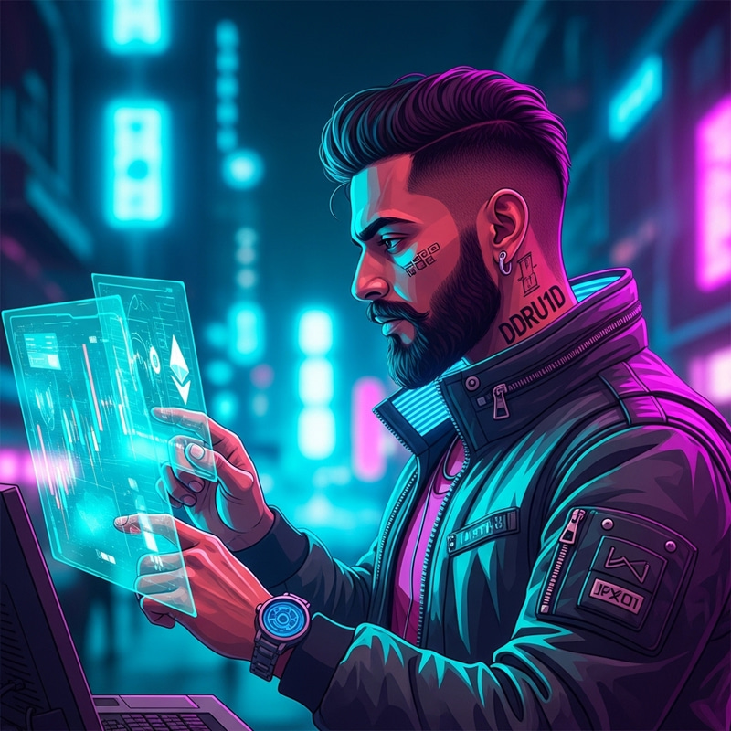 Bearded Man with DDRU1D Tattoo in Cyberpunk Style, Cryptocurrency Trader