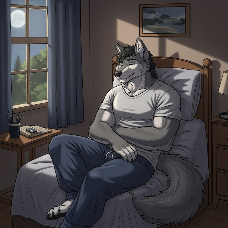 Grey Wolf Anthro Asleep in Underwear - Peaceful Sleep Scene