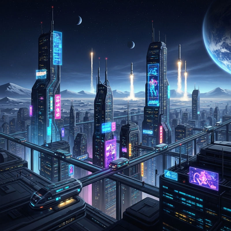 Vibrant Moon Metropolis | Futuristic Rocket Launch Art Vibrant Moon Metropolis | Futuristic Rocket Launch Art